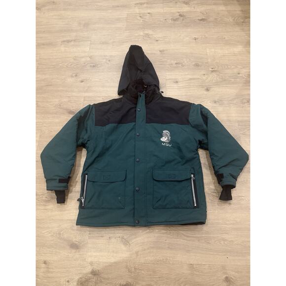 Vintage 90s Champion Michigan State MSU Jacket XL Green Black Sellout Hood Coat - Picture 1 of 11